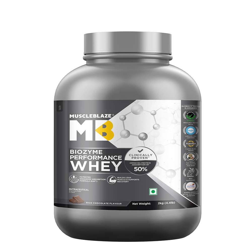 prd_3907787-MuscleBlaze-Biozyme-Performance-Whey-4.4-lb-Rich-Chocolate_o.jpg MuscleBlaze Biozyme Performance Whey (2kg / 4.4lbs) MB Whey Protein Powder | 56 Servings
