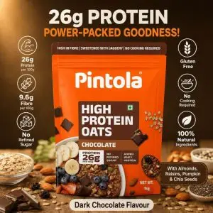 pintola 26g high protein oats 1kg, dark chocolate, no refined sugar, rolled oats for weight loss, breakfast cereals | gluten free | contain almonds, raisins, pumpkin & chia seeds